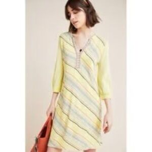 Anthropologie Aldo Martins Henley Style Striped Dress Yellow Blue Size Medium